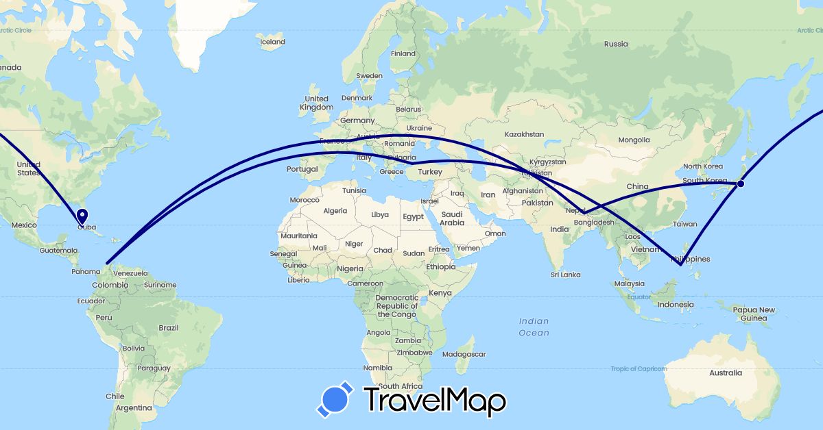 TravelMap itinerary: driving in Switzerland, Colombia, Cuba, Japan, Nepal, Philippines, Turkey (Asia, Europe, North America, South America)